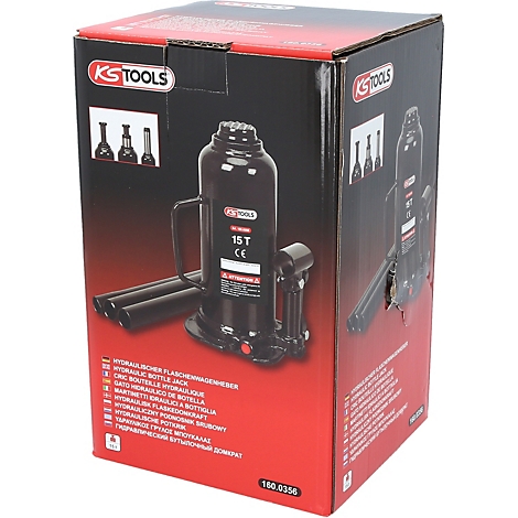 Schwarzer hydraulischer 15T Flaschenwagenheber in einer roten und schwarzen Box. Auf der Box steht 'KS TOOLS'.